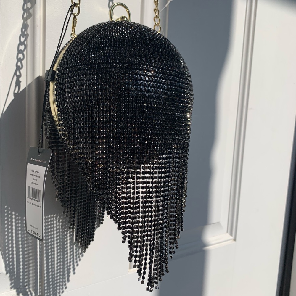 UNIQUE Black Rhinestone Fringe Ball Clutch Bag - Picture 7 of 13